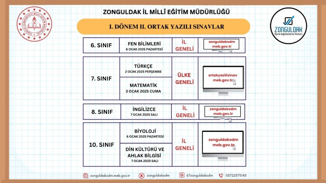  Zonguldak ili 2024-2025 öğretim yılı I. dönem ülke ve il genelinde yapılacak II. ortak yazılı sınav tarihleri ve sınıf kademeleri belli oldu.